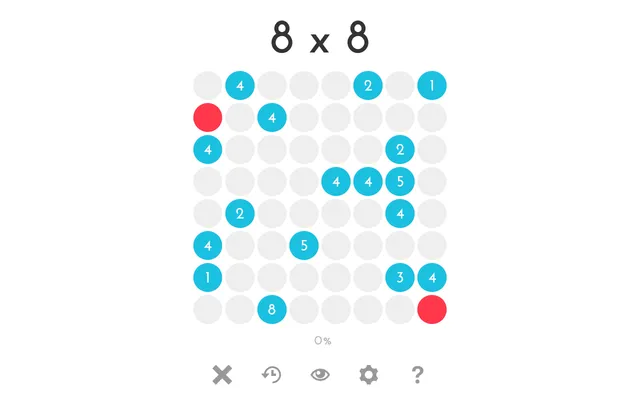 Today's 8x8 0h n0 grid from Today's puzzles: numbered blue dots, two red dots and grey empty cells, with undo, hint and settings buttons below