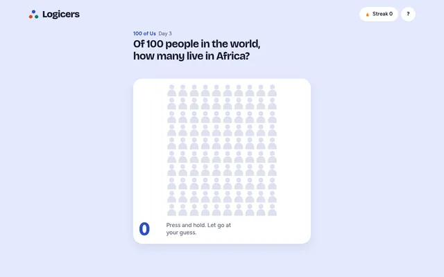 100 of Us day 3: the question 'Of 100 people in the world, how many live in Africa?' above a grid of 100 grey figures and a counter at 0