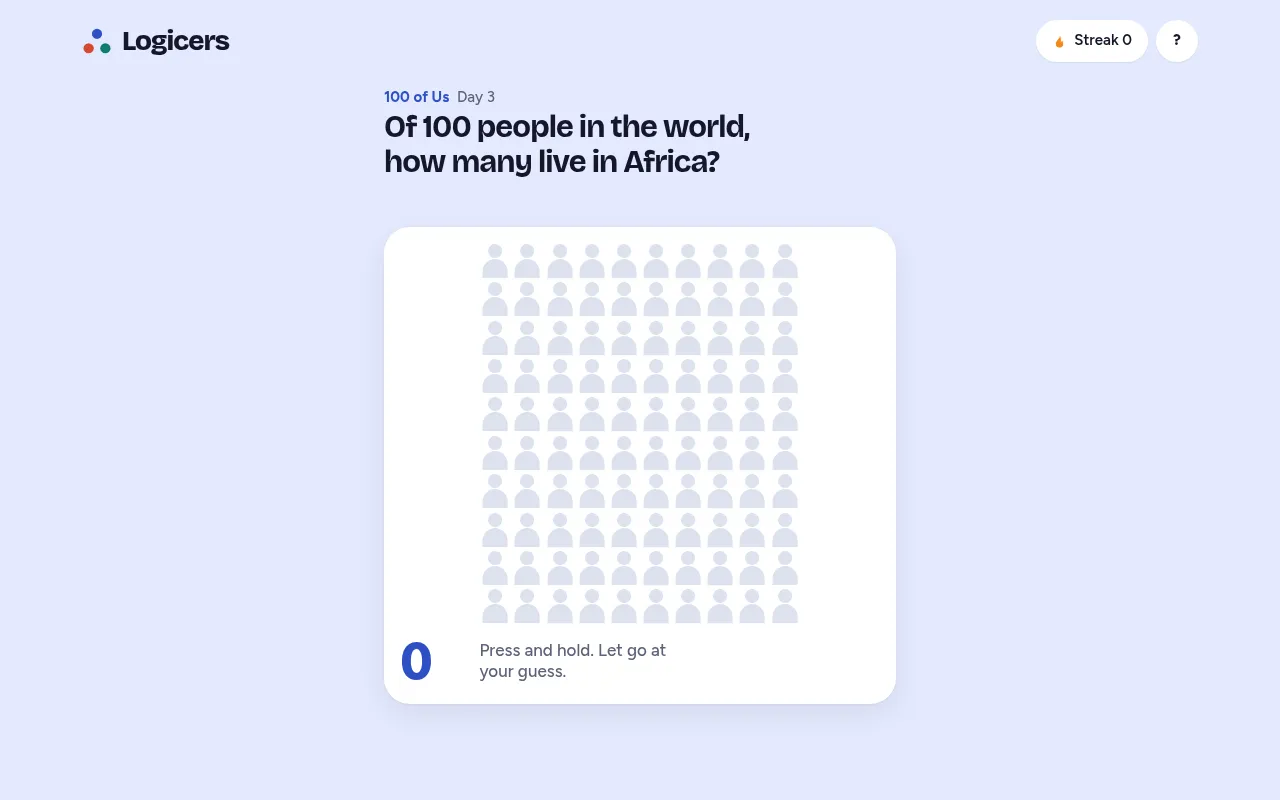 100 of Us day 3: the question 'Of 100 people in the world, how many live in Africa?' above a grid of 100 grey figures and a counter at 0