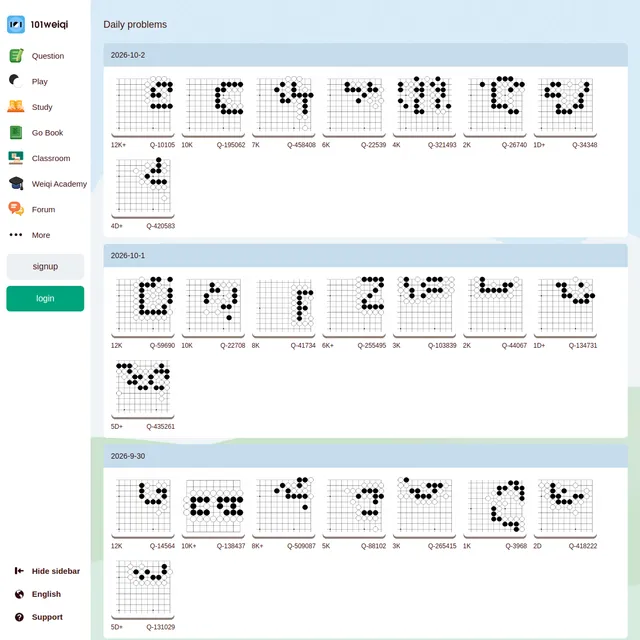 101weiqi Daily problems page showing the eight go problem diagrams for 2026-10-2 and the sets for the two days before, each labelled with a rank