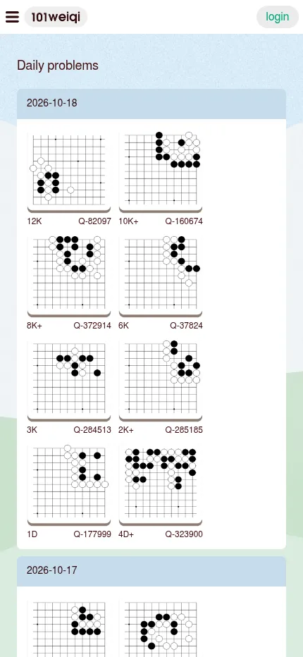 101weiqi Daily problems at phone size: the 2026-10-18 set of eight go problems in two columns