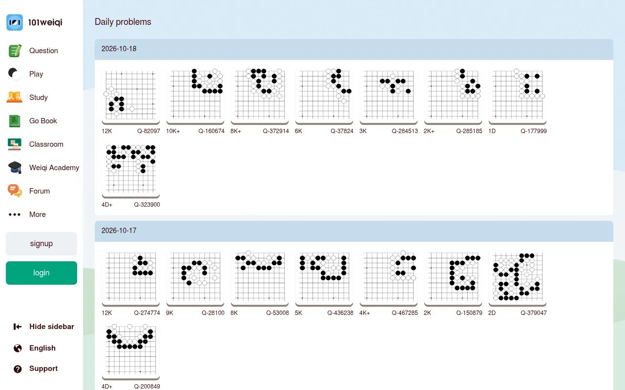 101weiqi Daily problems page for 2026-10-18: eight go problem diagrams labelled 12K to 4D+, with the 2026-10-17 set below
