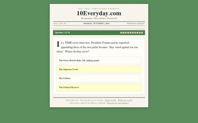 10Everyday morning edition for Monday, October 5, 2026: question 1 of 10 with four multiple-choice answers