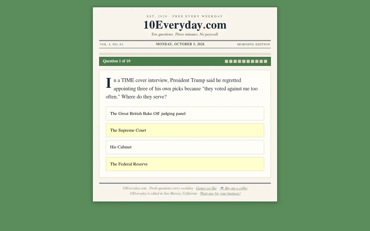 10Everyday morning edition for Monday, October 5, 2026: question 1 of 10 with four multiple-choice answers