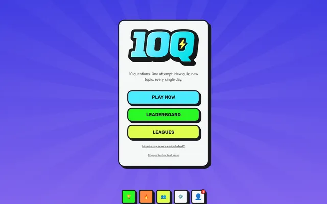 The 10Q start screen: the game's 10Q logo with a lightning bolt, the line 10 questions. One attempt. New quiz, new topic, every single day, and Play Now, Leaderboard and Leagues buttons