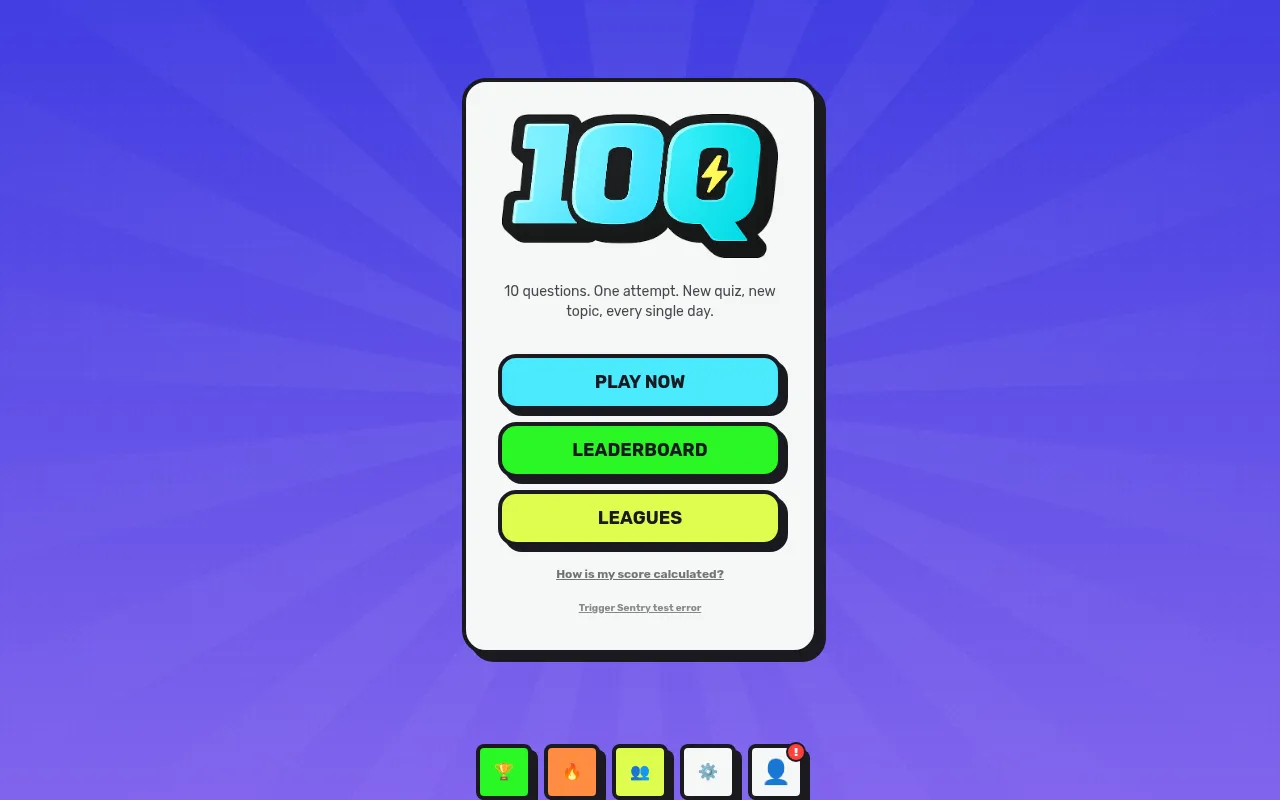 The 10Q start screen: the game's 10Q logo with a lightning bolt, the line 10 questions. One attempt. New quiz, new topic, every single day, and Play Now, Leaderboard and Leagues buttons