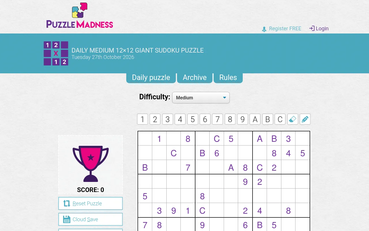 The PuzzleMadness 12x12 Giant Sudoku daily page at desktop size, with the date, difficulty menu, symbol buttons and the top of the grid