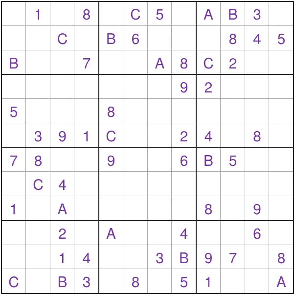 Today's Medium 12x12 Giant Sudoku grid on PuzzleMadness for 27 October 2026, with digits 1 to 9 and letters A to C given in 3x4 boxes