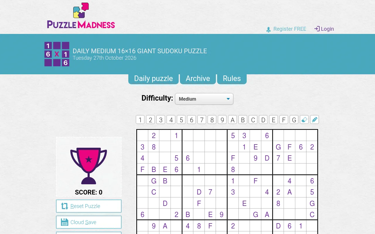 The PuzzleMadness 16x16 Giant Sudoku daily page at desktop size, with the date, difficulty menu, symbol buttons and the top half of the grid