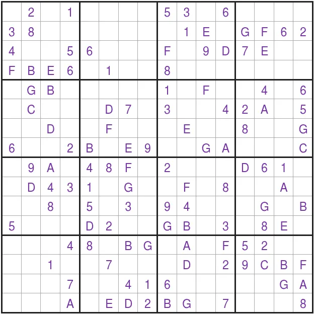 Today's Medium 16x16 Giant Sudoku grid on PuzzleMadness for 27 October 2026, with digits 1 to 9 and letters A to G given in 4x4 boxes