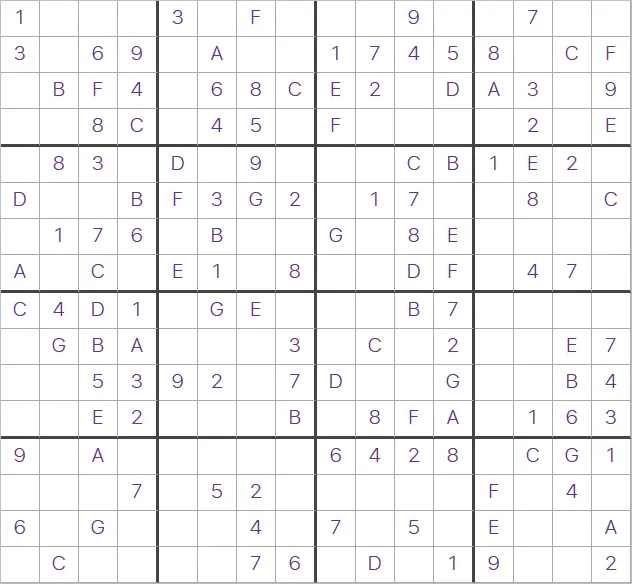 An example 16x16 Giant Sudoku from PuzzleMadness's rules, using digits 1 to 9 and letters A to G