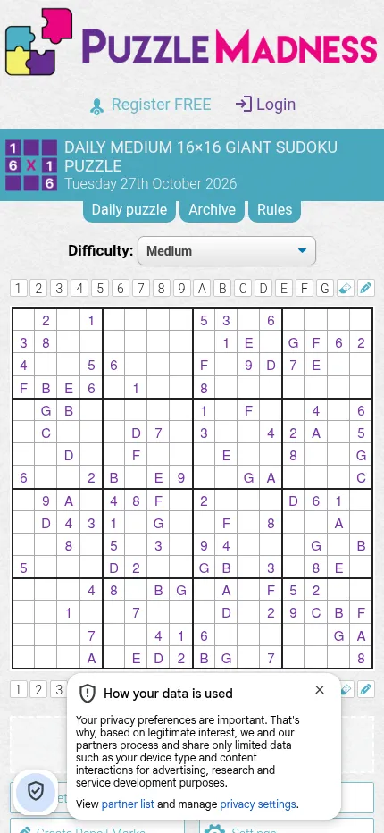The PuzzleMadness 16x16 Giant Sudoku daily page at phone size, with the date, difficulty menu, symbol buttons and the whole grid