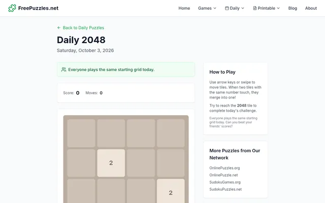 FreePuzzles.net Daily 2048 for Saturday, October 3, 2026: the starting four by four board with two 2 tiles, score 0 and moves 0