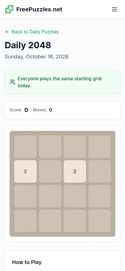 Daily 2048 on a phone, October 18, 2026: the whole four by four starting board with two 2 tiles, score 0 and moves 0