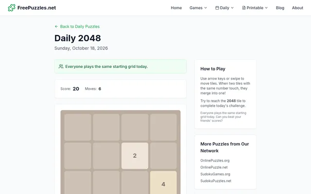 FreePuzzles.net Daily 2048 for Sunday, October 18, 2026, six moves in: score 20, a 2 and a 4 tile on the four by four board