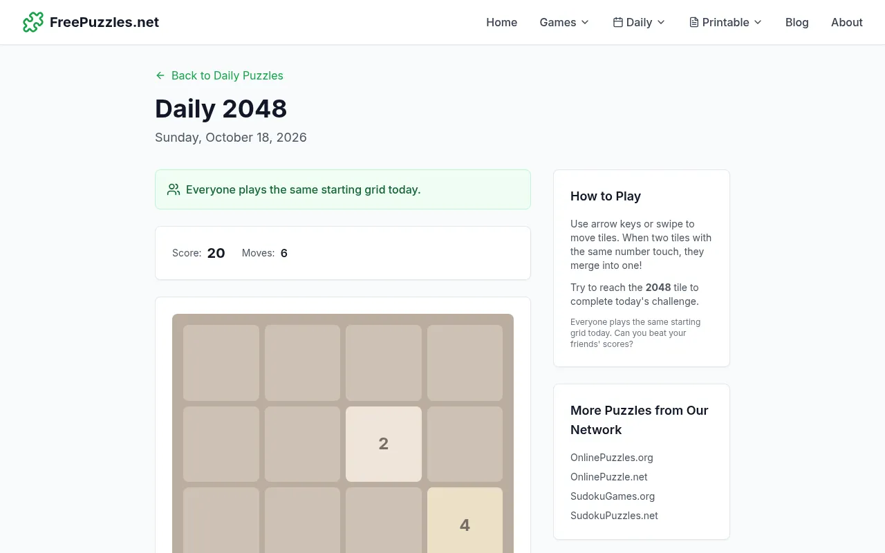 FreePuzzles.net Daily 2048 for Sunday, October 18, 2026, six moves in: score 20, a 2 and a 4 tile on the four by four board