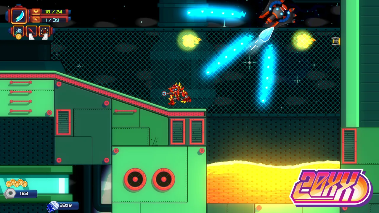 A 20XX stage with the player character fighting robots on platforms