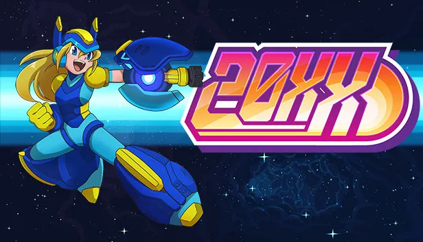20XX Steam capsule art: the blue-armoured heroine firing her arm cannon beside the 20XX logo against a starfield