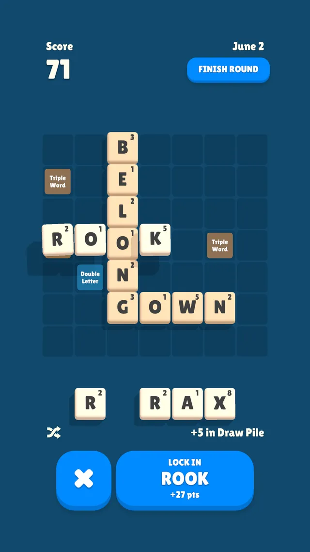 21 Letters for June 2: the words BELONG, ROOK and GOWN on the board with bonus squares, a score of 71 and a Lock In ROOK +27 pts button