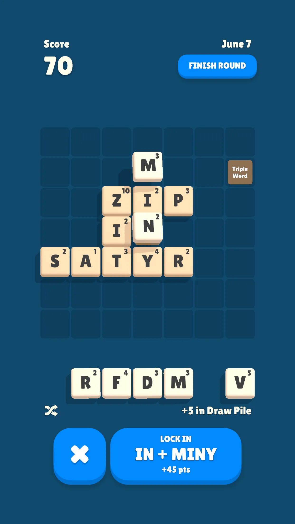 21 Letters for June 7 with ZIP, SATYR and MINY on the board and a score of 70