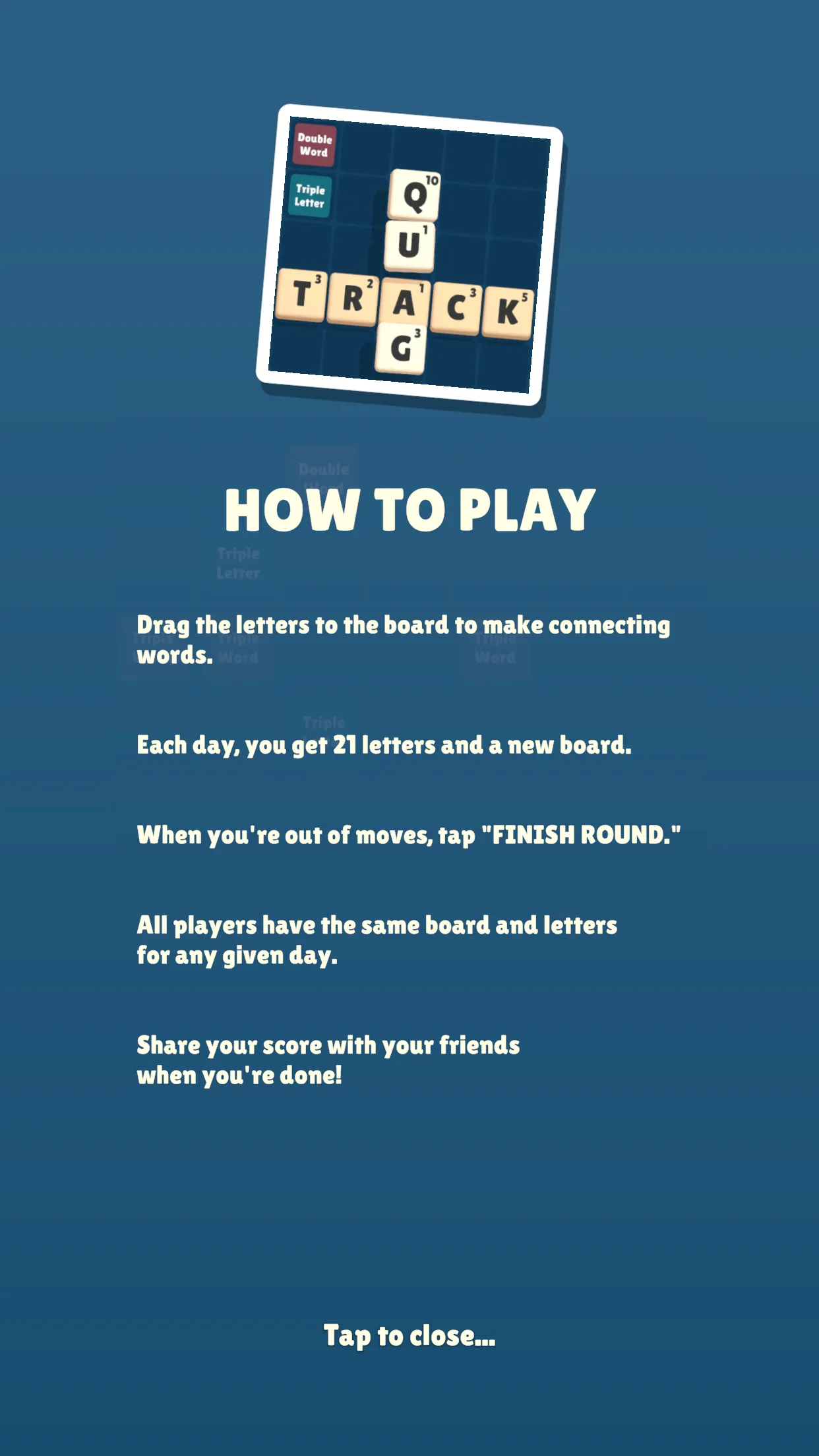 21 Letters' How to Play card: 21 letters and a new board each day, the same for all players