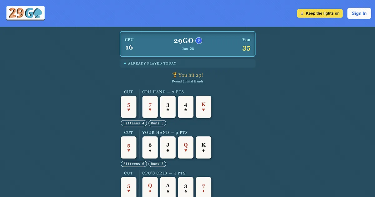 A finished 29GO game showing the cut card, the computer's hand, your hand and the crib, with 'You hit 29'