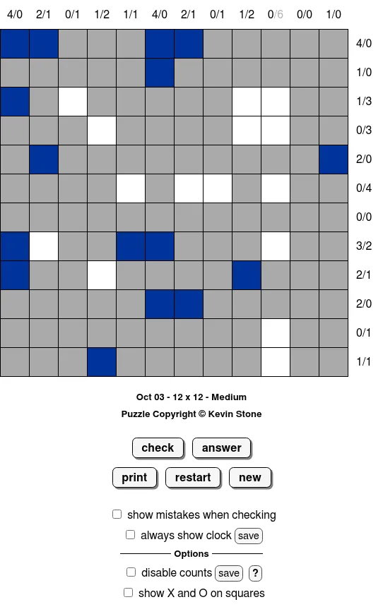 BrainBashers 3-In-A-Row for 3 October, 12x12 Medium: a grey grid with a few blue and white squares given and blue/white counts along the edges