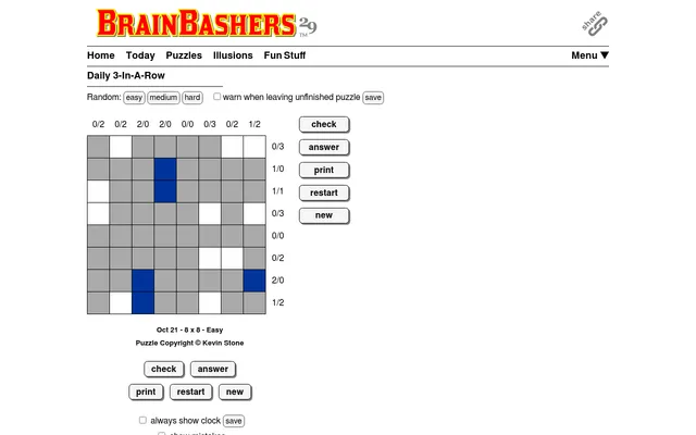 BrainBashers 3-In-A-Row for 21 October, 8x8 Easy: a grey grid with a few blue and white squares given, colour counts along the edges and check, answer and restart buttons