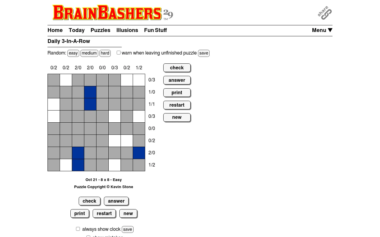 BrainBashers 3-In-A-Row for 21 October, 8x8 Easy: a grey grid with a few blue and white squares given, colour counts along the edges and check, answer and restart buttons