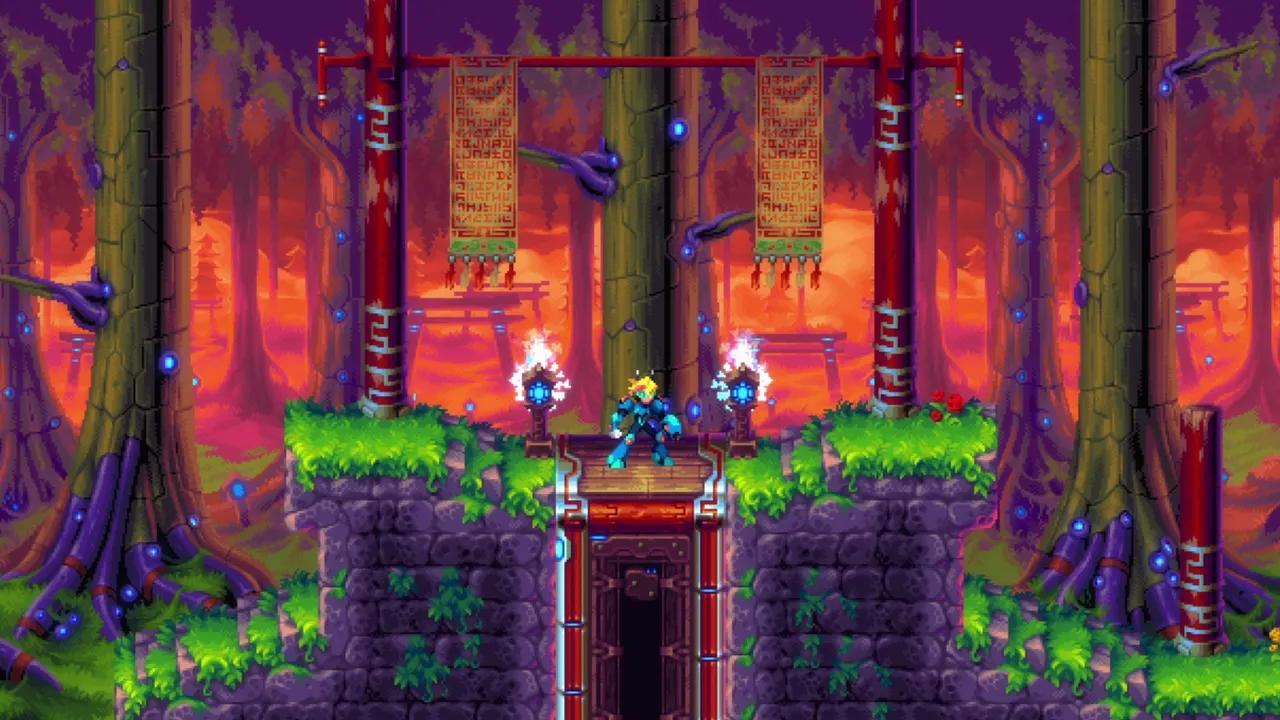 30XX: Nina standing on a shrine between glowing lanterns in an orange forest stage