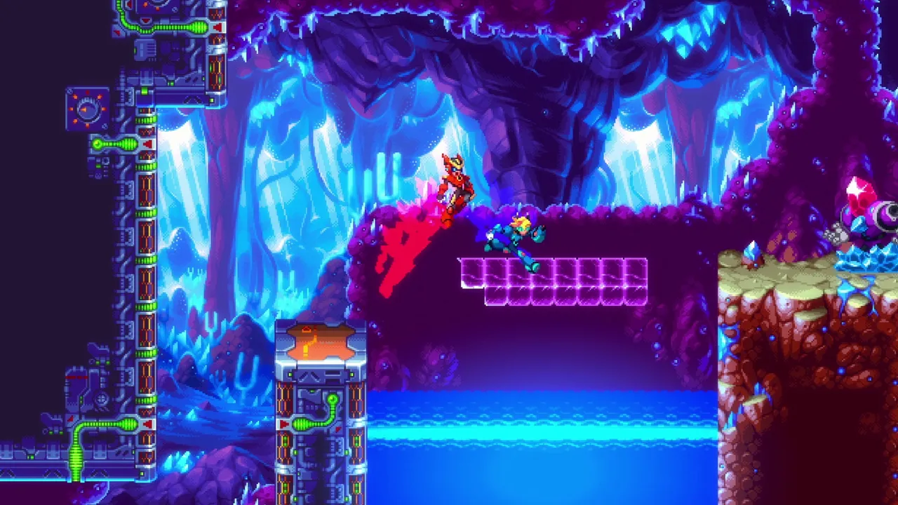 30XX gameplay: two robot heroes dashing and slashing across purple platforms in a blue crystal cavern