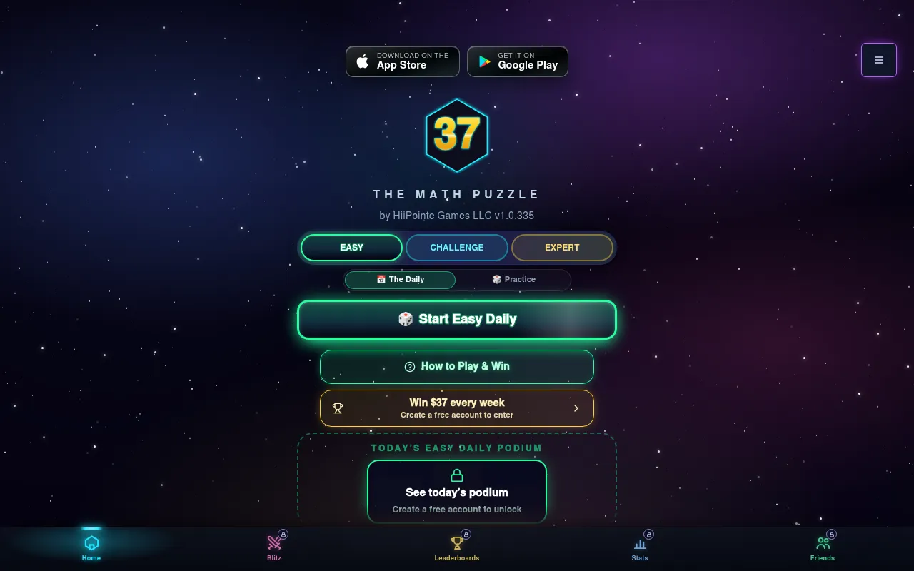 37 home screen in the web app with the Easy, Challenge and Expert tabs and the button to start the Easy Daily