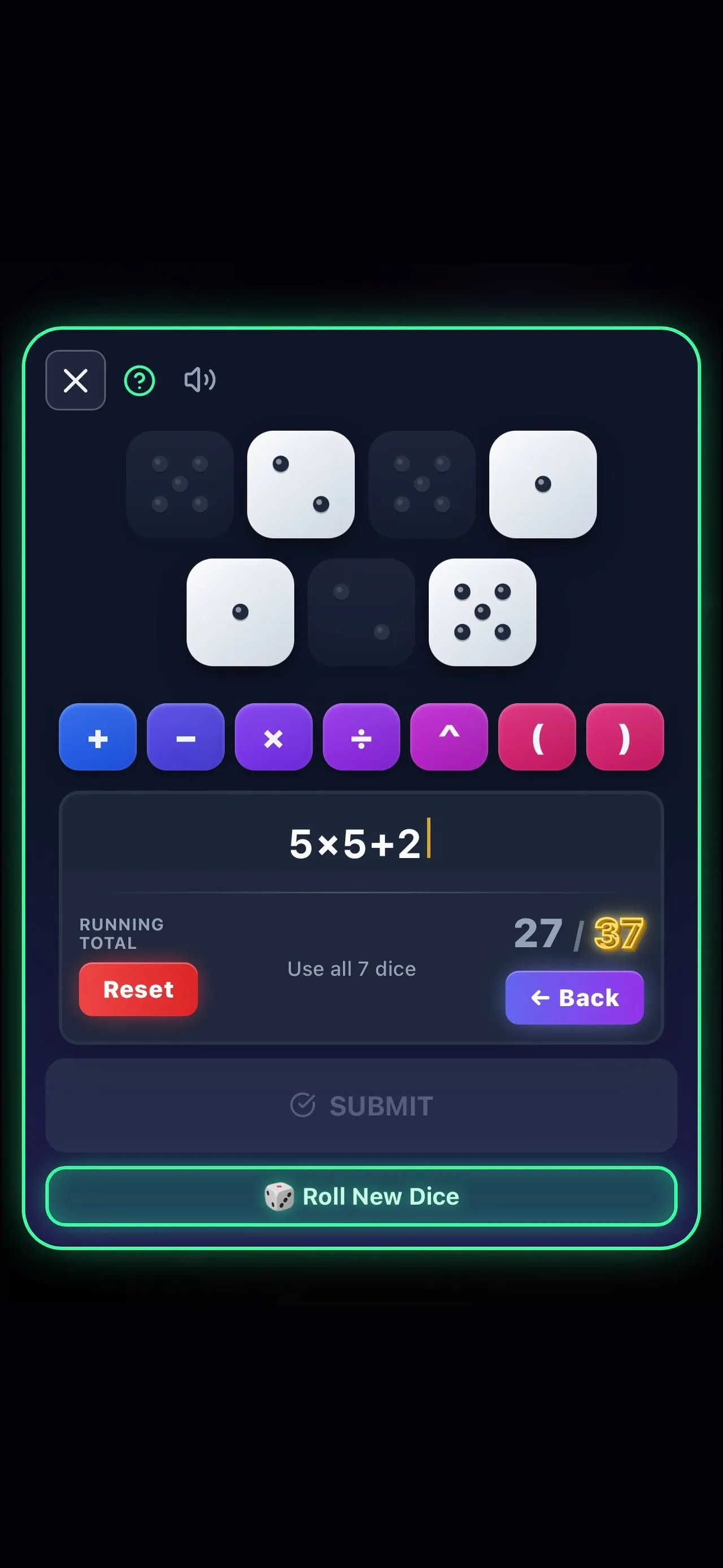 37 - The Math Puzzle board with seven dice, operator buttons and the expression 5x5+2 showing a running total of 27 of 37