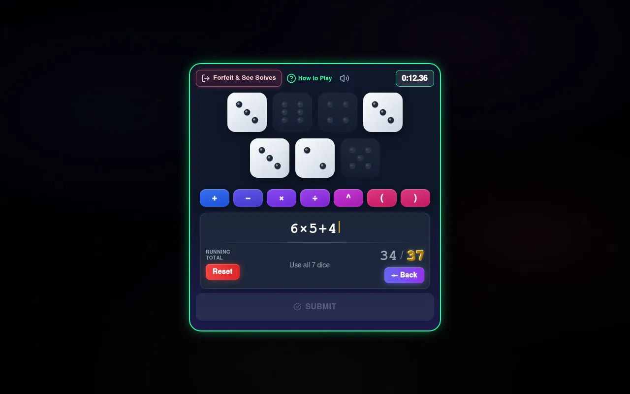 An earlier Easy Daily board in 37 with seven white dice, operator buttons and 6×5+4 giving a running total of 34 of 37