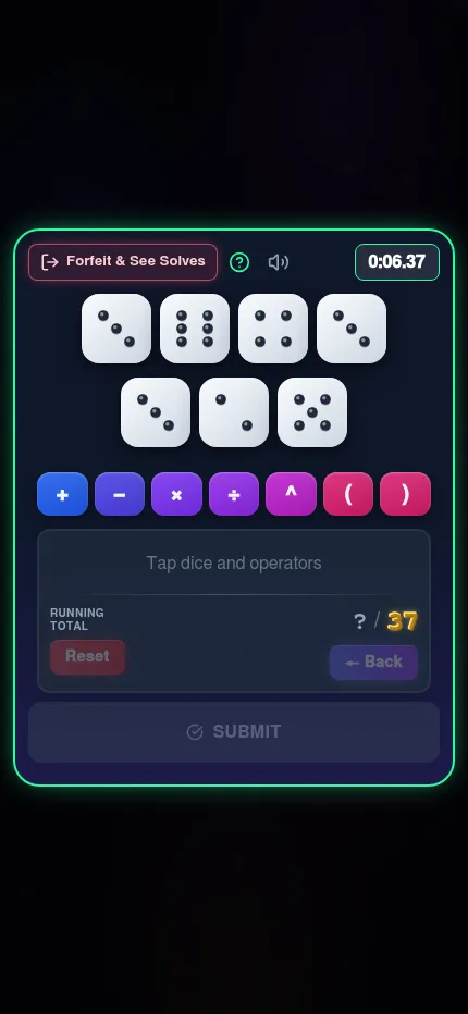 Today's Easy Daily board in 37 at phone size with dice 3, 6, 4, 3, 3, 2 and 5, operator buttons and the clock running