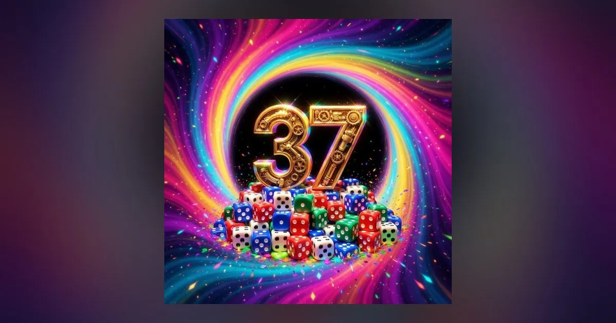 37 - The Math Puzzle share art: a gold 37 over a pile of white, red, green and blue dice