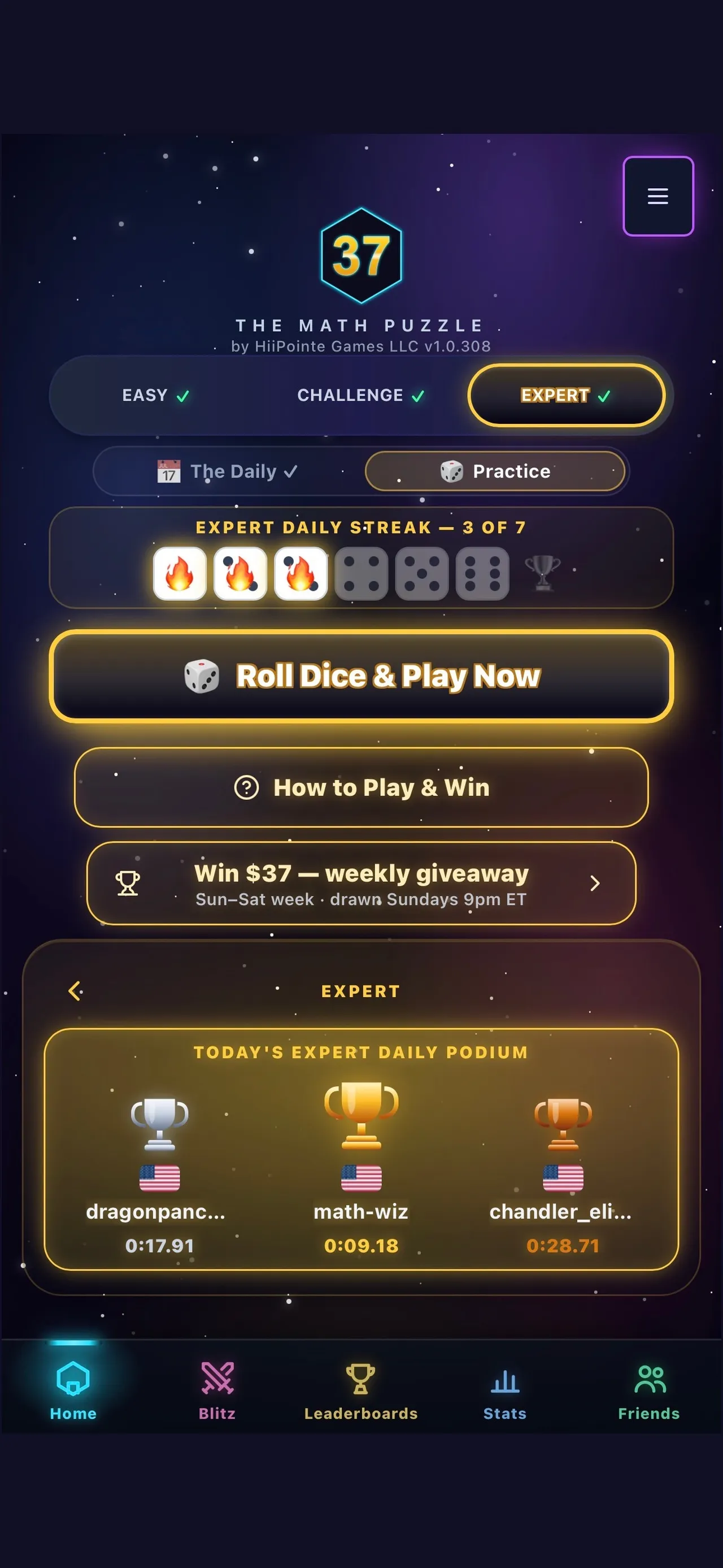 37 - The Math Puzzle home screen with Easy, Challenge and Expert tabs, an Expert daily streak of 3 of 7 and Today's Expert Daily Podium with three solve times