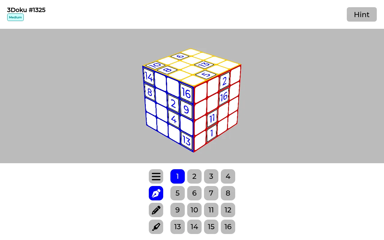 3Doku #1325 (Medium) on 27 October 2026: the cube with blue, red and yellow faces of 4x4 cells and a few given numbers, above a keypad of 1 to 16