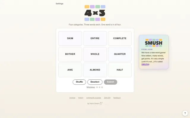 4×3 board for 27 October 2026 on a desktop: nine word tiles including Skim, Entire, Whole, Quarter and Almond, with Shuffle, Deselect and Submit and three mistake dots