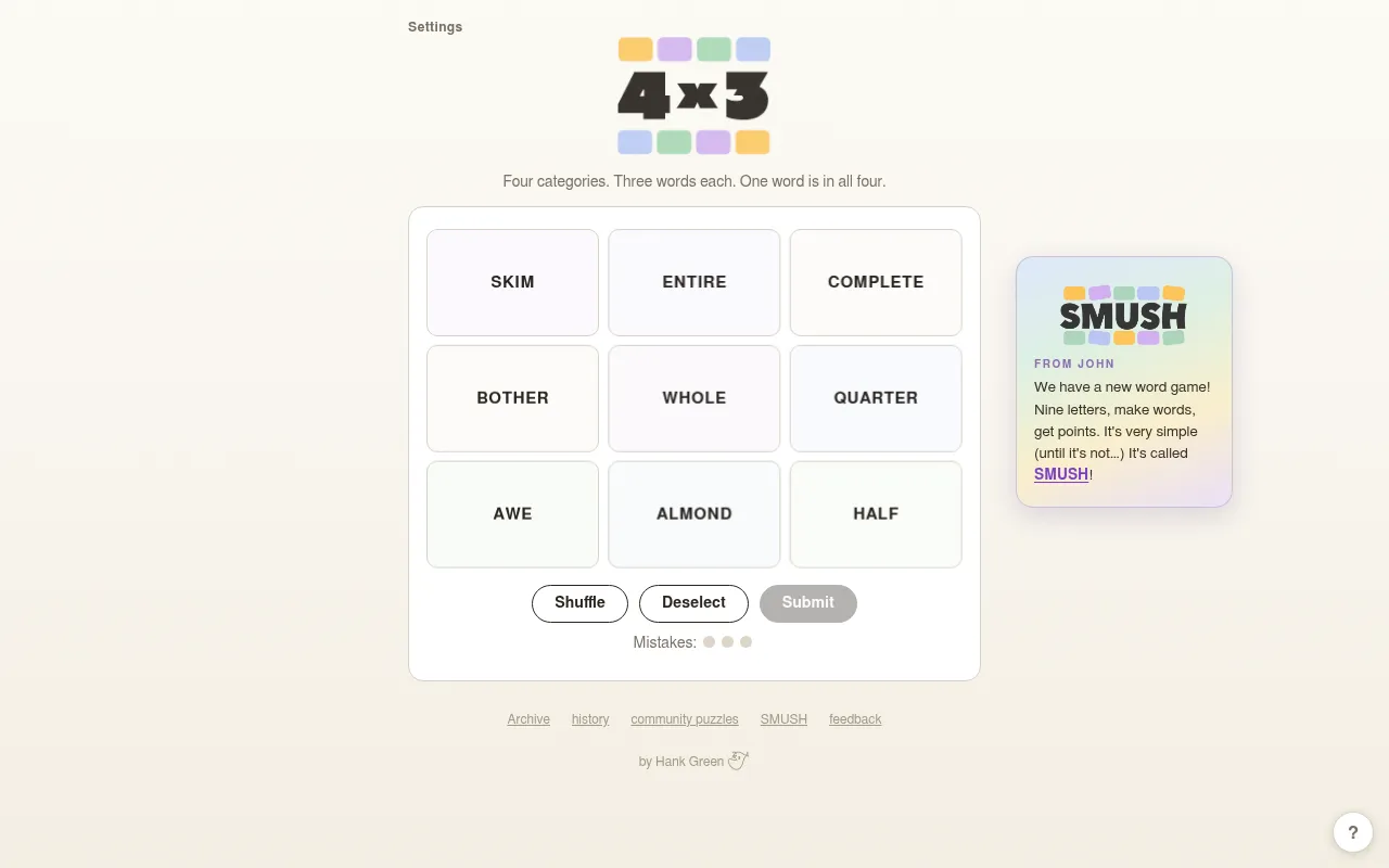 4×3 board for 27 October 2026 on a desktop: nine word tiles including Skim, Entire, Whole, Quarter and Almond, with Shuffle, Deselect and Submit and three mistake dots