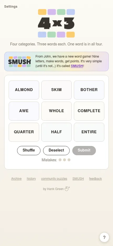 4×3 at phone size: the nine-word board of 27 October 2026 under a Smush banner, with Shuffle, Deselect and Submit