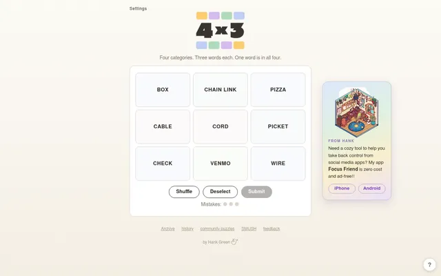 4x3 daily board: nine word tiles such as Box, Chain Link, Pizza, Cable and Venmo under Four categories, three words each, one word is in all four, with Shuffle, Deselect and Submit and three mistake d