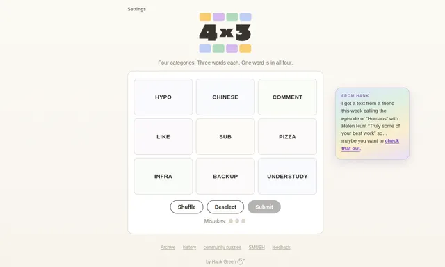 A 4x3 board of nine word tiles, including HYPO, CHINESE, COMMENT and UNDERSTUDY, with Shuffle, Deselect and Submit buttons and three mistake dots