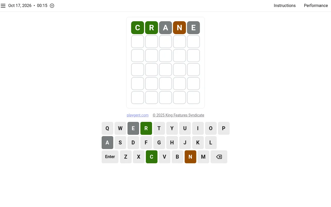 5 Across board for Oct 17, 2026 after the guess CRANE: C and R green, N orange, A and E grey, with the on-screen keyboard below