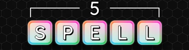 The 5spell title: the letters S, P, E, L, L on rainbow tiles under a bracket marked 5