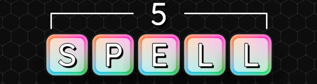 The 5spell title: the letters S, P, E, L, L on rainbow tiles under a bracket marked 5