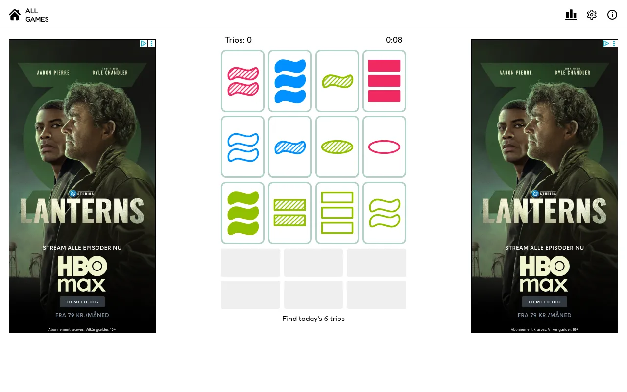Today's 6 Daily Trios table on desktop with twelve cards and six empty Trio slots, display ads on both sides