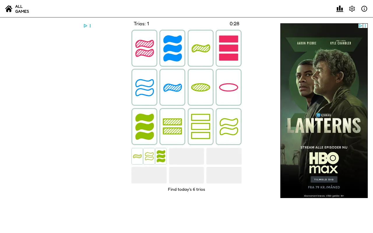 6 Daily Trios on desktop after one Trio of three green waves is found, with the timer running and an ad at the side