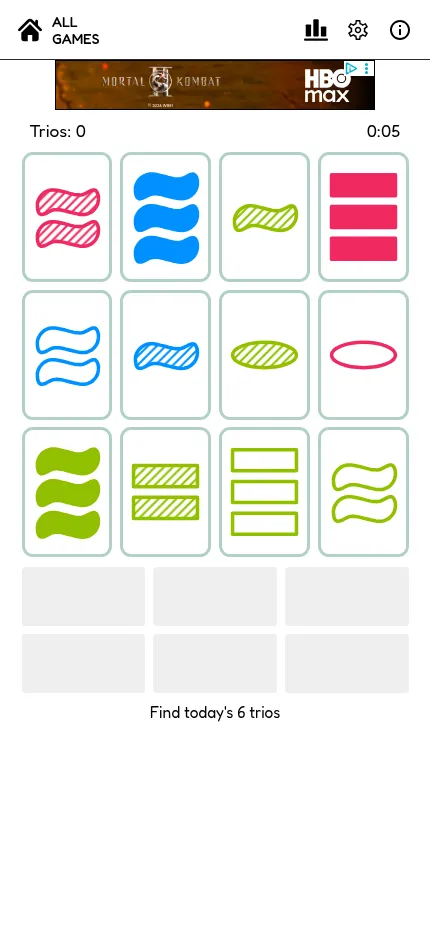 Today's 6 Daily Trios board on a phone: twelve cards of waves, rectangles and ovals in pink, blue and green, with six empty Trio slots below and a small ad banner at the top