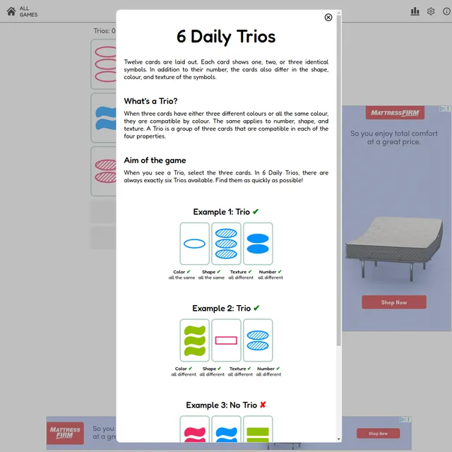 6 Daily Trios rules screen on Gridgames with example cards showing valid and invalid Trios
